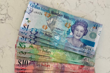 Neatly Stacked Cayman Islands banknotes featuring Queen Elizabeth II