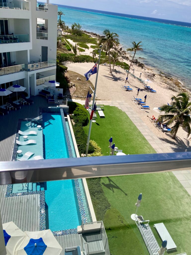Terrace overlooking the Rum Point Resort pool on Grand Cayman Island.