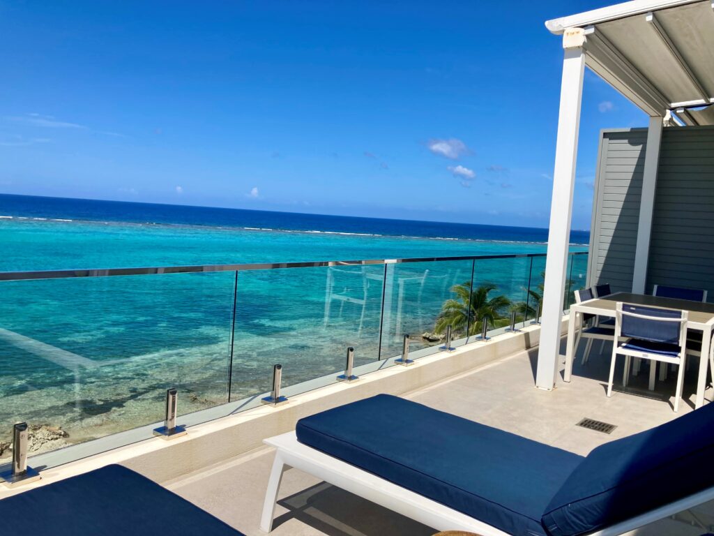 Terrace overlooking the Caribbean Sea at Rum Point Resort, Grand Cayman Island.