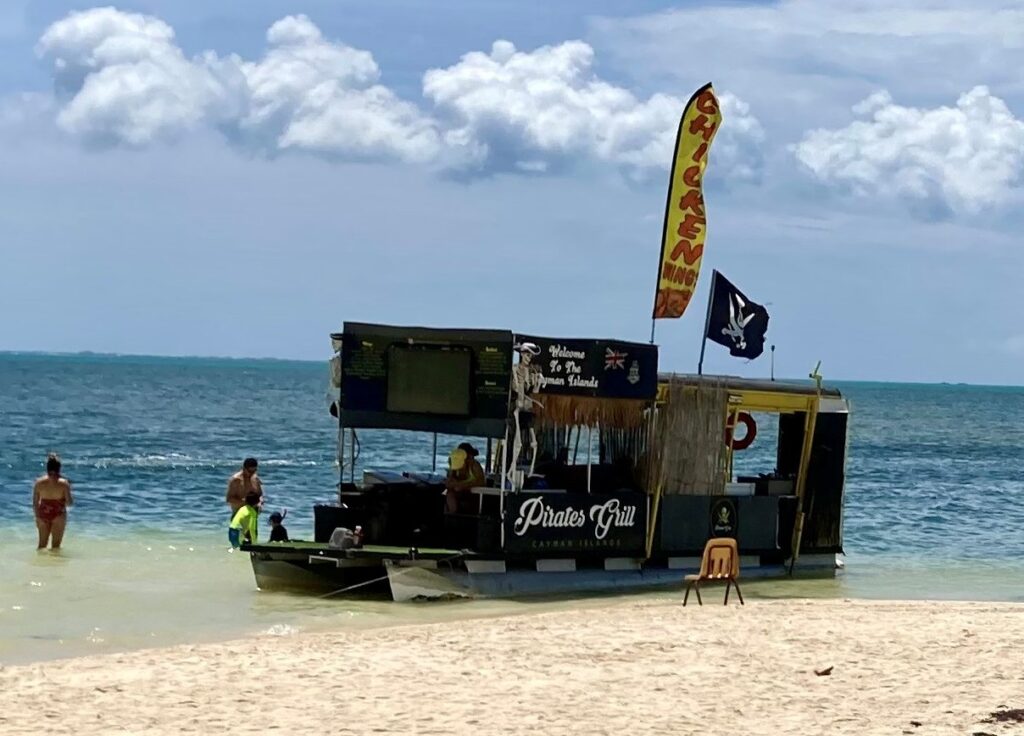 The floating Pirates Grill in Rum Point, Grand Cayman Island.
