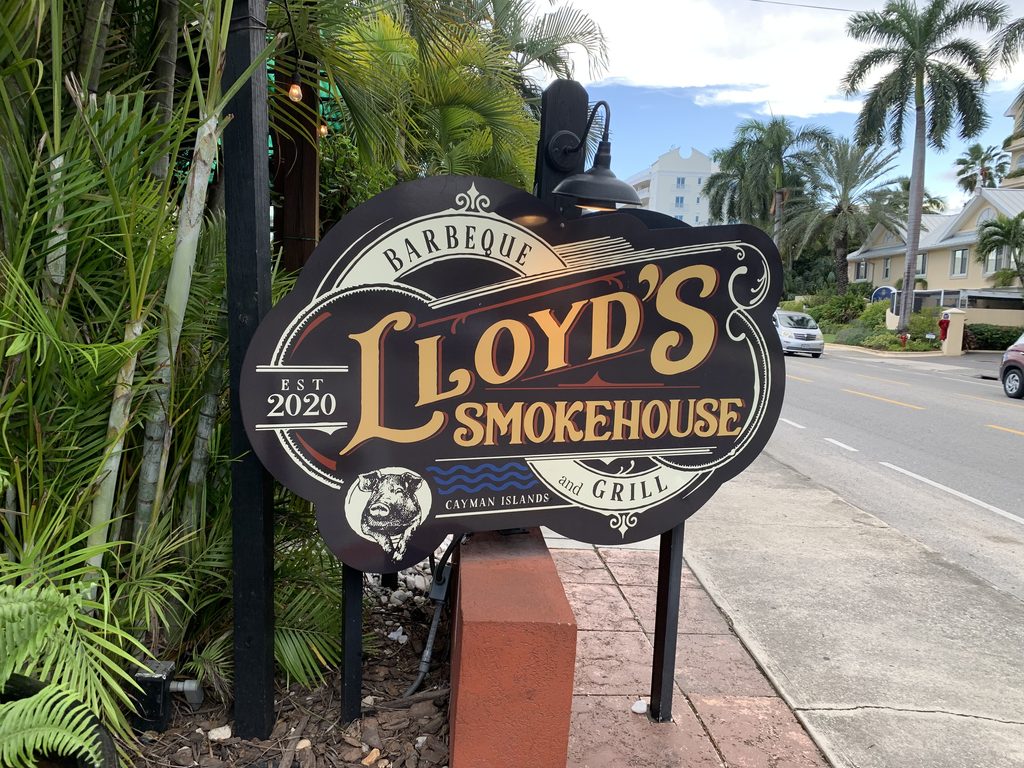 Lloyd's Smokehouse sign on Grand Cayman Island.